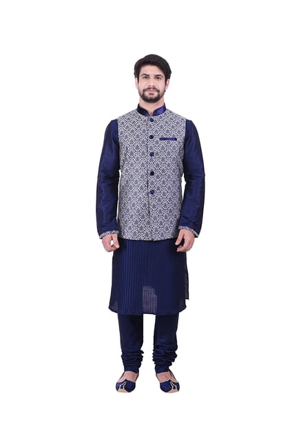 Manyavar Blue Self Design Ethnic Kurta Set with Jacket