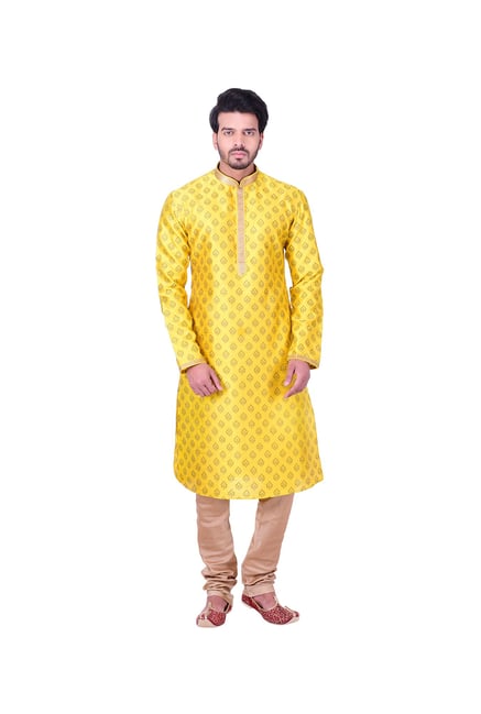 Manyavar Yellow Self Design Kurta Churidar Set