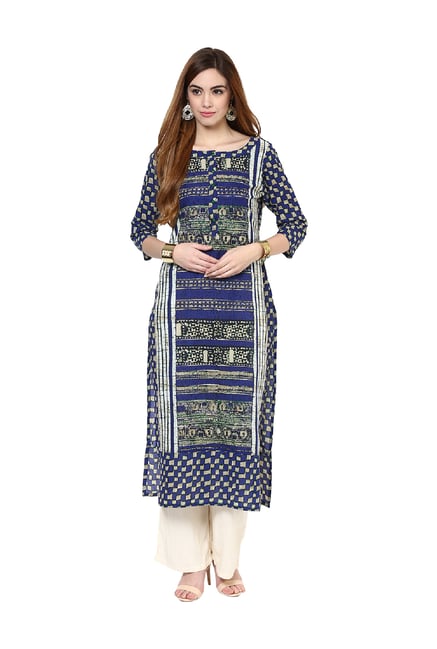 Jaipur Kurti Blue Printed Cotton Kurta