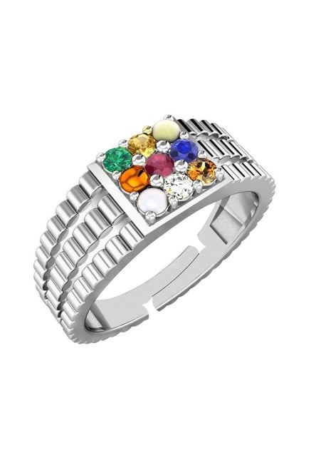New Men's Navratna Stone Ring in 925 Pure Sterling Silver White Platinum  Plated - Lilu Jewels - 2441255