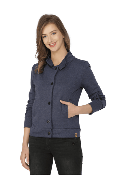 Campus Sutra Navy Textured Cotton Jacket