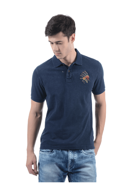 Flying Machine Dark Blue Regular Fit Cotton Polo T-Shirt