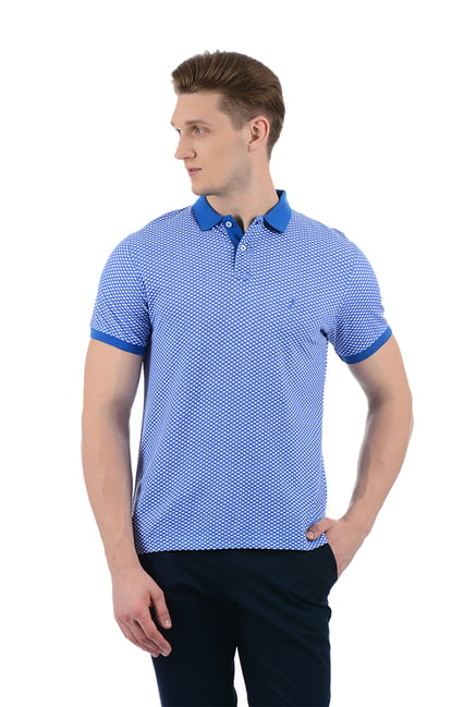 Buy Indian Terrain Light Blue Printed Cotton Polo T-Shirt for Men