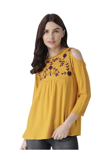 MsFQ Yellow Embroidered Cold Shoulder Top