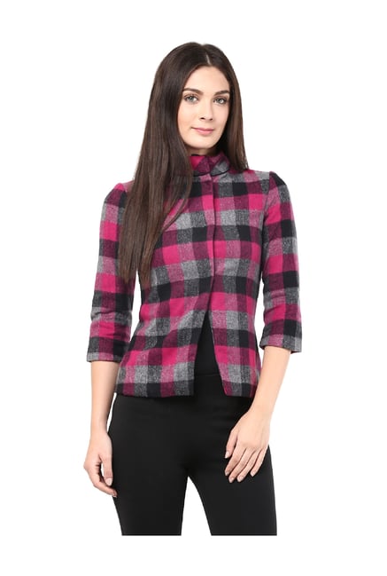 The Vanca Fuchsia & Grey Checks Polyester Jacket