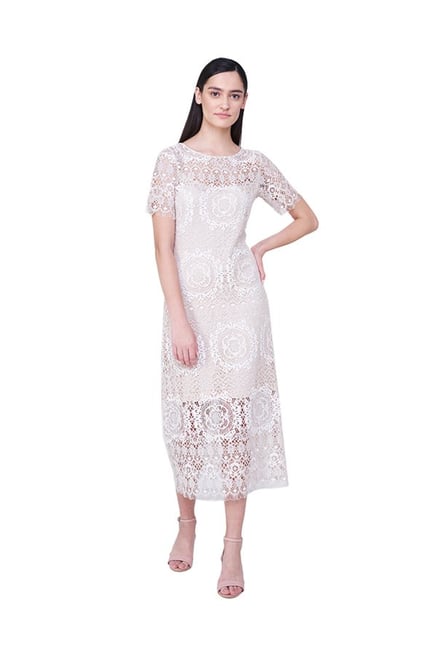 beige lace midi dress