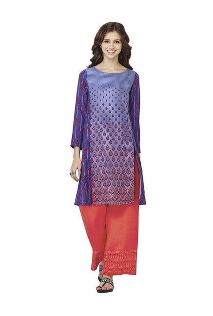 Global Desi Blue Printed Viscose Kurta