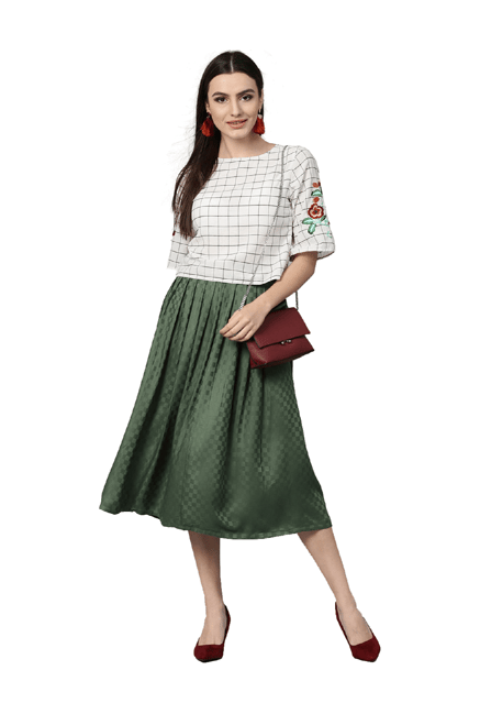 Jaipur Kurti Off White & Olive Cotton Top With Skirt Price in India