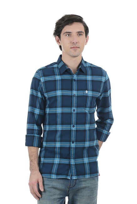 Fcuk French Connection Navy Slim Fit Checks Cotton Shirt