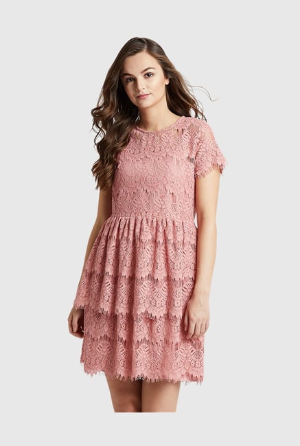 Buy Cover Story Pink Embroidered Above Knee Dress For Women Online