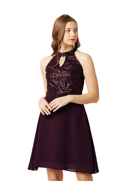 Miss Chase Wine Embellished Above Knee Skater Dress Price in India