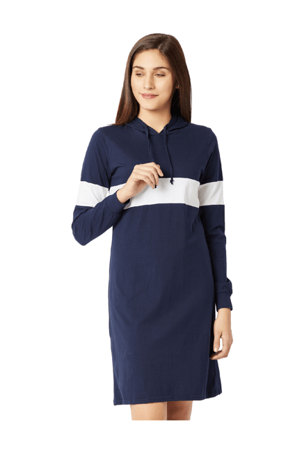 Miss Chase Navy & White Above Knee Hooded Dress Price in India