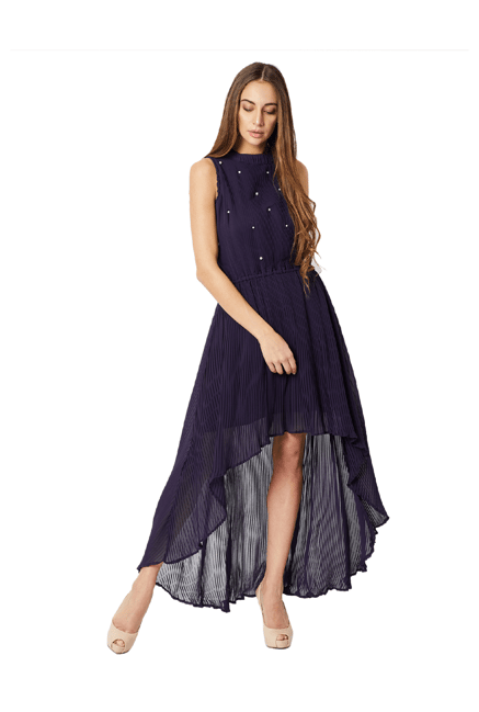 Buy Miss Chase Navy Striped Knee Length High Low Dress for Women