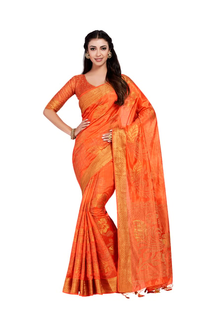 Mimosa Orange Zari Silk Saree With Blouse Price in India