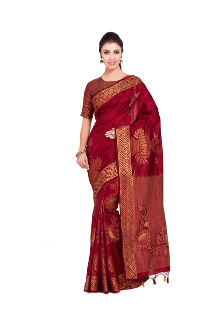 Mimosa Maroon Zari Silk Saree With Blouse Price in India