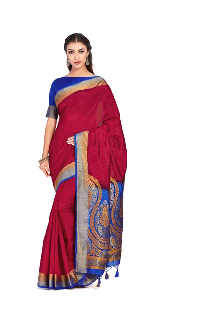 Buy Flosive Women's Beautiful Hot Maroon Kanjivaram Silk Saree With Zari  Weaving at Amazon.in