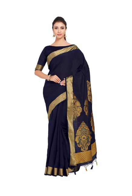 Mimosa Navy Textured Kanjivaram Silk Saree With Blouse Price in India