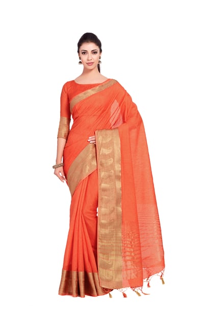 Mimosa Orange Textured Kanjivaram Silk Saree With Blouse Price in India