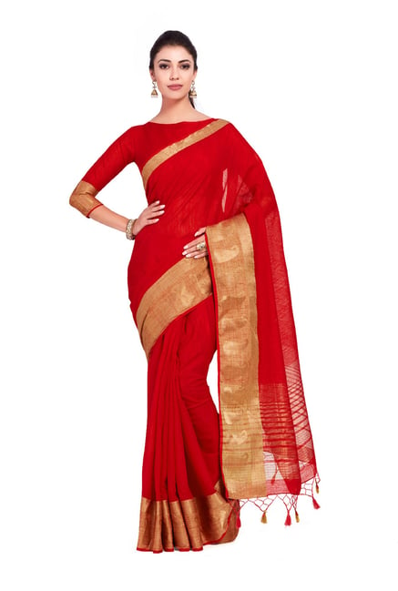 Mimosa Red Textured Kanjivaram Silk Saree With Blouse Price in India