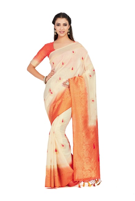 Mimosa Beige Zari Kanjivaram Silk Saree With Blouse Piece Price in India