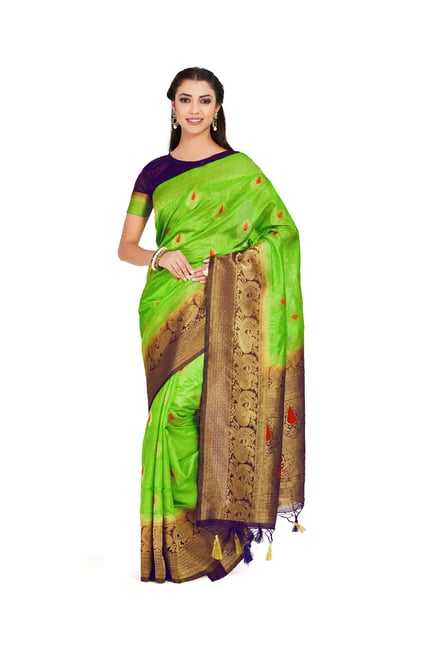 Mimosa Green Zari Kanjivaram Silk Saree With Blouse Price in India