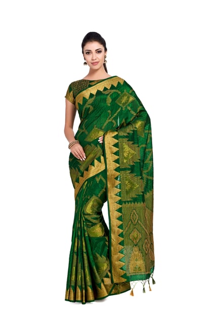 Mimosa Green Zari Silk Saree With Blouse Price in India