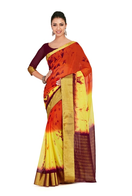 Mimosa Multicolor Hand-Printed Banarasi Saree With Blouse Price in India