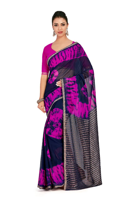 Mimosa Navy Hand-Printed Banarasi Silk Saree With Blouse