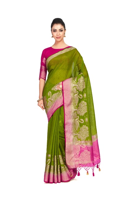 Mimosa Green Textured Kanjivaram Silk Saree With Blouse Price in India