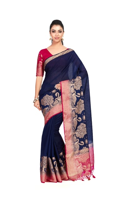 Mimosa Navy Textured Kanjivaram Silk Saree With Blouse Price in India