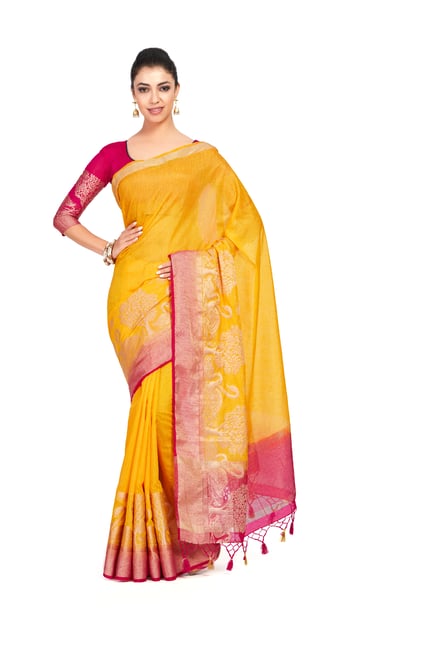 Mimosa Yellow Textured Kanjivaram Silk Saree With Blouse Price in India