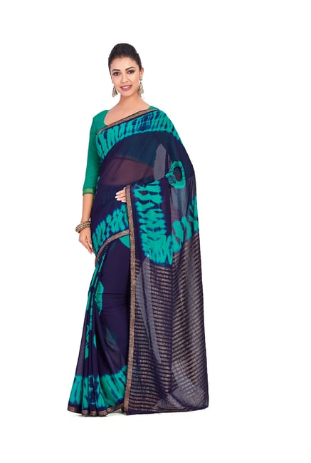 Mimosa Navy Hand-Printed Banarasi Silk Saree With Blouse