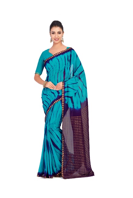 Mimosa Blue Hand-Printed Banarasi Saree With Blouse