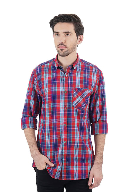 Fcuk French Connection Red & Dark Blue Cotton Shirt