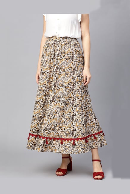 Jaipur Kurti Brown & Beige Printed Maxi Skirt