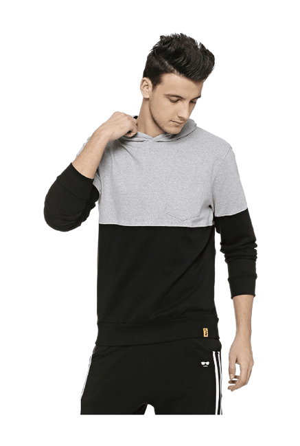Campus Sutra Black & Grey Textured Full Sleeves Hooded Sweatshirt-picture-35