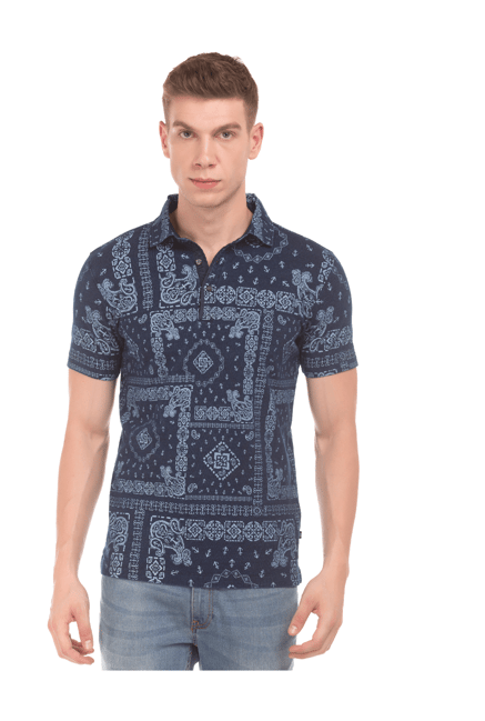 Nautica Dark Blue Printed Cotton Polo T-Shirt