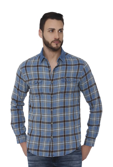 Mufti Dark Blue Checks Full Sleeves Shirt from Mufti at best prices on ...