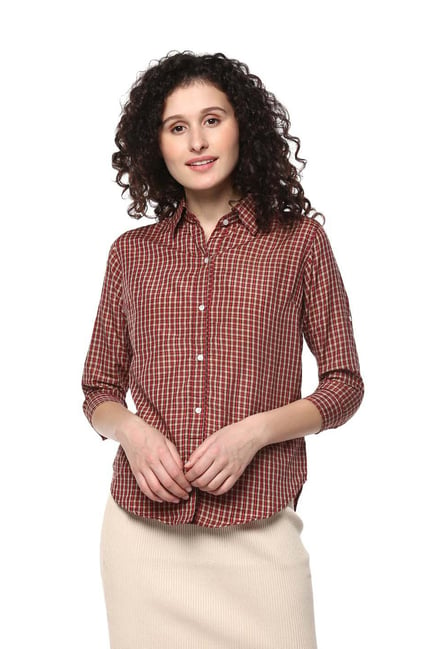 Buy Mayra Brown Cotton Chequered Shirt for Women Online @ Tata CLiQ