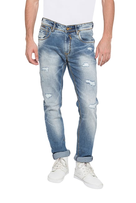 dark blue distressed jeans