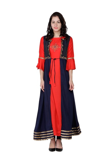 Buy Soch Red Navy Embroidered A Line Kurti for Women Online