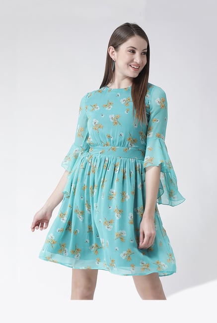 The Vanca Blue Floral Print Above Knee Dress