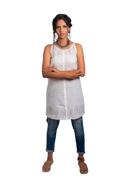 Indic Palate Co White Linen Embroidered A Line Kurti Price in India