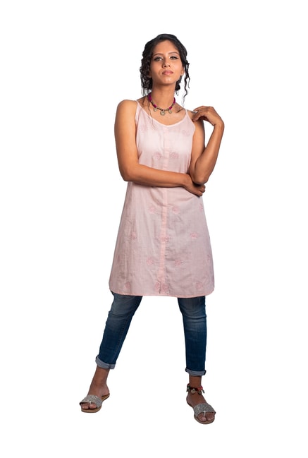 Indic Palate Co Pink Linen Embroidered A Line Kurti Price in India
