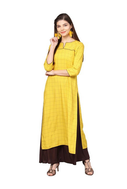 Jaipur Kurti Yellow Chequered Straight Kurti Price in India
