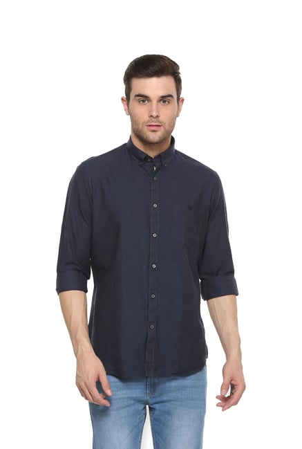 Van Heusen Navy Slim Fit Self Design Shirt