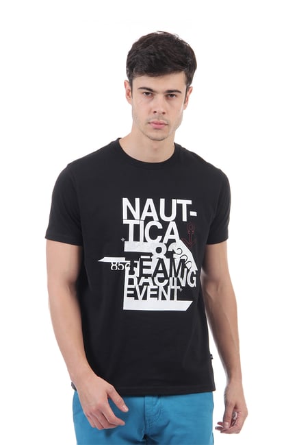 Nautica Black Round Neck Cotton Printed T-Shirt