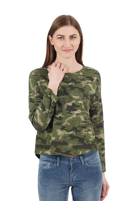 Buy Pepe Jeans Green Cotton Camouflage T-Shirt for Women Online