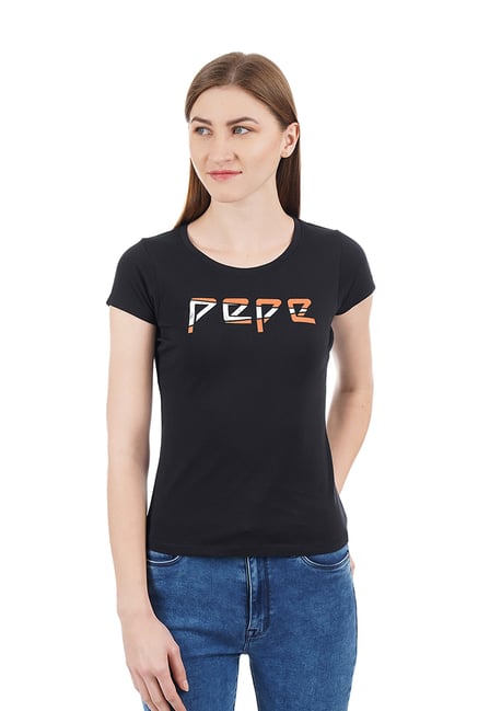 Buy Pepe Jeans Black Cotton Slim Fit T-Shirt for Women Online