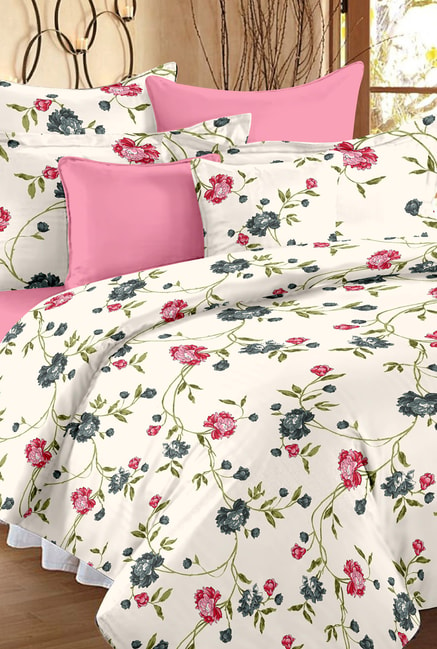 Buy Ahmedabad Cotton Cream Pink Floral Double Duvet Cover Set